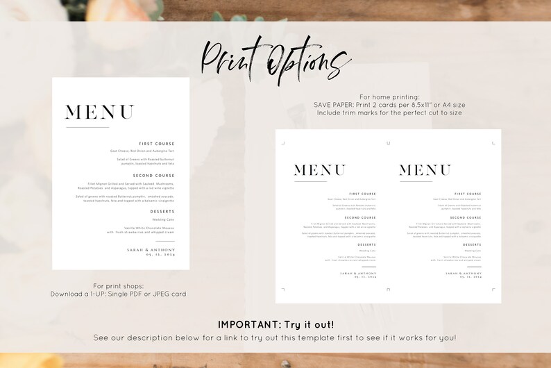 May include: A printable wedding menu template with the text "MENU" at the top. The template includes a sample menu with first course, second course, and dessert options. The template also includes the names "Sarah & Anthony" and the date "01.12.2023". The template is designed to be printed on 8.5x11 inch paper or A4 size paper. The template includes trim marks for easy cutting.