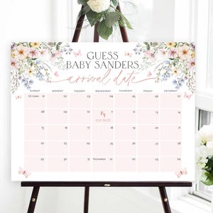 Butterlies Baby Due Date Calendar, Wildflower Baby Shower Game, Guess Baby's Birth Date, Editable Baby Prediction, TEMPLETT, WLP-PAS 8335