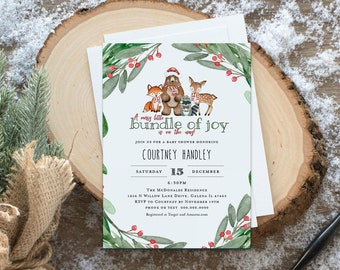 May include: A baby shower invitation with a watercolor illustration of woodland animals wearing winter hats and scarves. The text reads "A merry little bundle of joy is on the way!" and includes the name "Courtney Handley", the date "Saturday, December 15", the time "6:30PM", and the location "The McDonalds Residence".