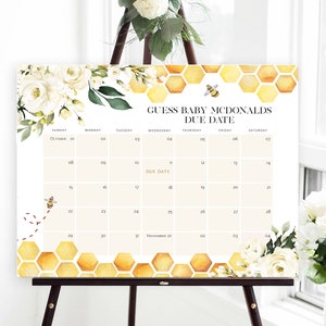 Bee Baby Due Date Calendar Game, Guess Baby's Birthday, Floral bee Editable Baby Prediction, TEMPLETT, Due Date Game, WLP-FBE 5452