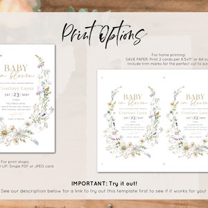 May include: Printable baby shower invitation template featuring a floral wreath design. The text reads "Baby in Bloom" and includes the name "Courtney Laura" and the date "Sat 23 May".