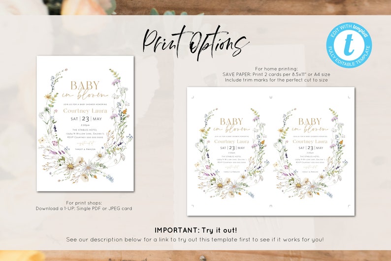May include: Printable baby shower invitation template featuring a floral wreath design. The text reads "Baby in Bloom" and includes the name "Courtney Laura" and the date "Sat 23 May".