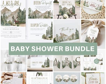 Puede incluir: Un paquete de baby shower con temática de bosque. El paquete incluye invitaciones, tarjetas de agradecimiento, un cartel de rifa de pañales, un cartel de solicitud de libros, un cartel de bienvenida, un cartel de número de mesa, un cartel de adivinar la fecha de nacimiento del bebé, un juego de baby shower, un cartel personalizado para la botella y una pancarta.