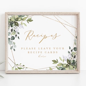 Greenery Recipes Sign, Bridal Shower Recipes Sign Template, 5x7 and 8x10, Printable Sign, Instant Download, TEMPLETT WLP-GGE 1866