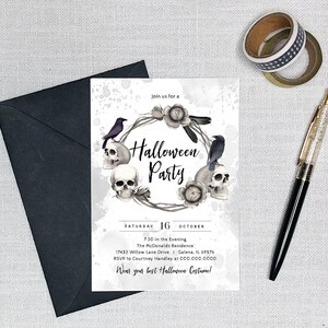 May include: A Halloween party invitation with a black and white watercolor design featuring a wreath of skulls, ravens, and roses. The text reads "Join us for a Halloween Party" and includes the date, time, and location of the event.
