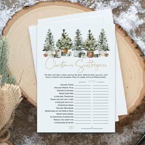Peut inclure: Un jeu de soci&eacute;t&eacute; imprimable de type Scattergories sur le th&egrave;me de No&euml;l avec une illustration aquarelle de quatre sapins de No&euml;l. Le jeu comprend une liste de cat&eacute;gories sur le th&egrave;me de No&euml;l et un espace pour &eacute;crire les r&eacute;ponses.