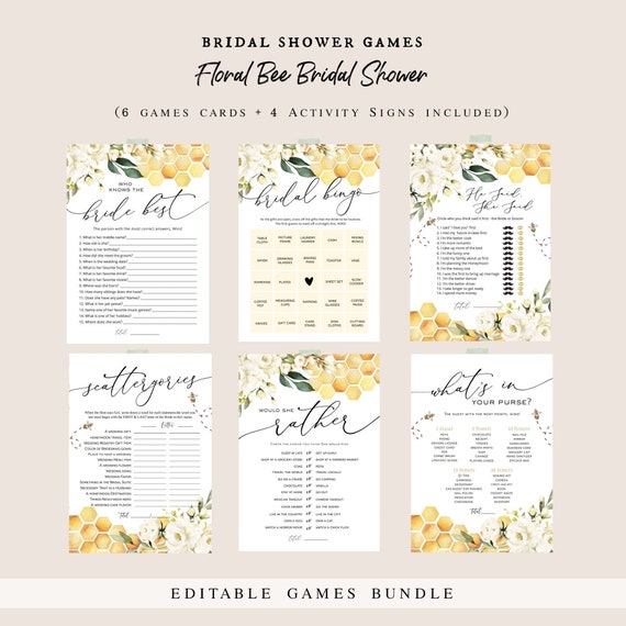 Bee Bridal Shower Game Bundle, Bridal Shower Games, Games Bundle, Customize Bridal Shower Games, Edit with TEMPLETT, WLP-FBE 5436