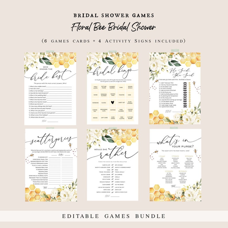 May include: A set of six printable bridal shower game cards featuring a floral bee theme. The games include "Who Knows the Bride Best", "Bridal Bingo", "He Said She Said", "Scattergories", "Would She Rather", and "What's in Your Purse?"