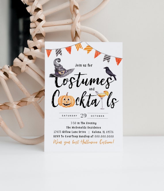 Adult Halloween Costumes and Cocktails Invitation, Halloween Party Invitation, Adult Costume Party Invite, TEMPLETT, WLP-HAL 3642