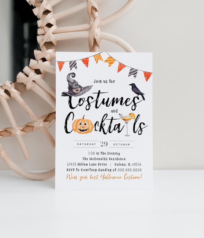 May include: A white invitation card with black and orange text that reads "Join us for Costumes and Cocktails". The card features a black crow, a witch's hat, a jack-o-lantern, and a cocktail glass with a lemon slice. The date is Saturday, October 29th. The event is at 7:30 in the evening at The McDonalds Residence, 17453 Willow Lane Drive, Galena, IL 69576. The RSVP is to Courtney Handley at 000.000.0000. The invitation ends with "Wear your best Halloween Costume!"