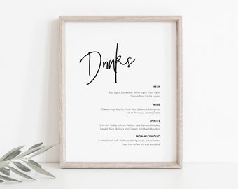 Wedding Bar Menu Sign, Printable Calligraphy Bar Menu Template, Modern Drinks Sign, 8x10 & 11x14, Edit with TEMPLETT, WLP-PEN 1920