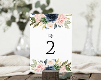 Printable Table Numbers, Blush Navy Table Numbers, 5x7, 4x6, Table Numbers Template, Edit with TEMPLETT, WLP-NBL 1426