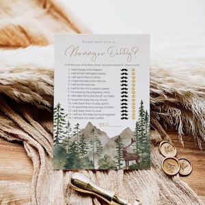 Printable Baby Shower Mommy or Daddy Game, Mountains Baby Shower Games, Editable Game Card, Instant download, TEMPLETT, WLP-PFO 6032