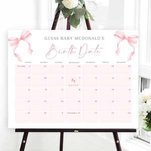 Pink Bow Baby Due Date Calendar, Bow Baby Shower Game, Guess Baby's Birthday, Editable Baby Prediction, Edit with TEMPLETT, WLP-BOW 8194