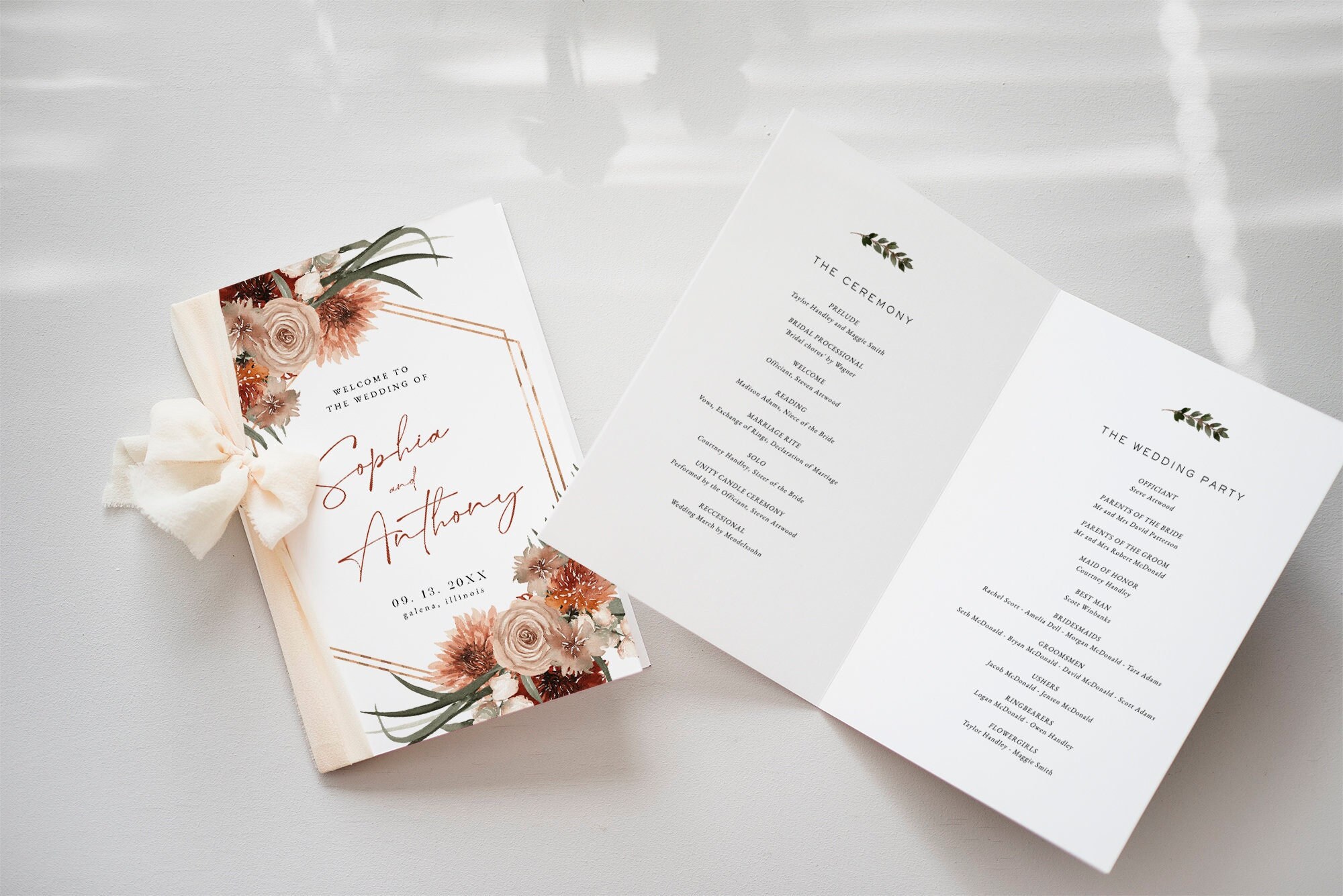 Boho Wedding Program Template, Wedding Program Printable, Editable ...