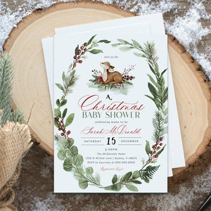 Christmas Baby Shower Invitation, Deer Baby Shower Invitation, Holiday Baby Invitation, Instant Download, Edit with TEMPLETT, WLP-5213