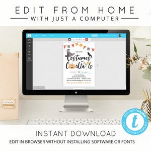 May include: A computer screen displaying a printable Halloween party invitation template with the text "Join us for Costumes and Cocktails". The invitation is designed with a pumpkin, witch hat, and crows. The text "Edit with templett" is displayed on a blue circle with a white letter "t" in the center. The text "Instant Download" is displayed below the computer screen. The text "Edit in browser without installing software or fonts" is displayed below the text "Instant Download".