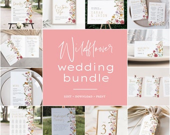 Peut inclure: Ensemble de documents imprimables pour mariage sur le thème des fleurs sauvages, avec un fond rose. L'ensemble comprend une pancarte de bienvenue, des numéros de table, un plan de table, un menu, un programme de cérémonie, une pancarte pour les boissons, une pancarte personnalisée et une étiquette de remerciement. Les designs présentent un motif floral avec des couleurs rose, jaune et verte.