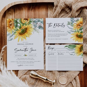 Sunflower Bridal Shower Invitation Set, Fall Bridal Shower Invitation, Details Card, Recipe Card, TEMPLETT, WLP-SUU 4336