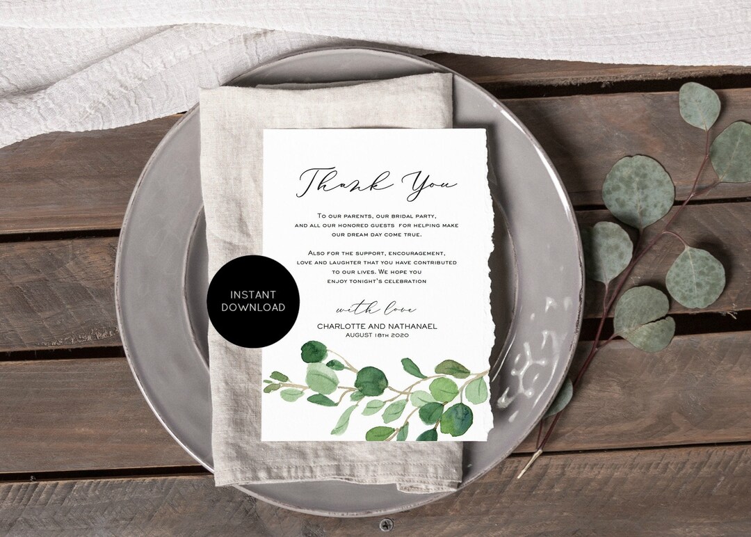 Wedding Thank You Note, Printable Thank You Card Template, Greenery Wedding Thank You, Instant ...