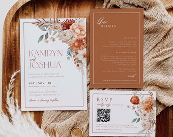 Fall Terracotta Wedding Invitation Bundle, Autumn Wedding Invitation Template, Boho Wedding Invitation Set, Edit with TEMPLETT, WLP-TAU 8464