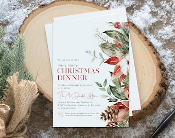 Könnte beinhalten: Eine Weihnachtsdinner-Einladung mit einem Aquarell-Design aus rotem und grünem Laub. Die Einladung lautet "Bitte schließen Sie sich uns zu einem sehr fröhlichen Weihnachtsessen an" mit Datum und Uhrzeit der Veranstaltung. Die Einladung enthält auch die Adresse und RSVP-Informationen.