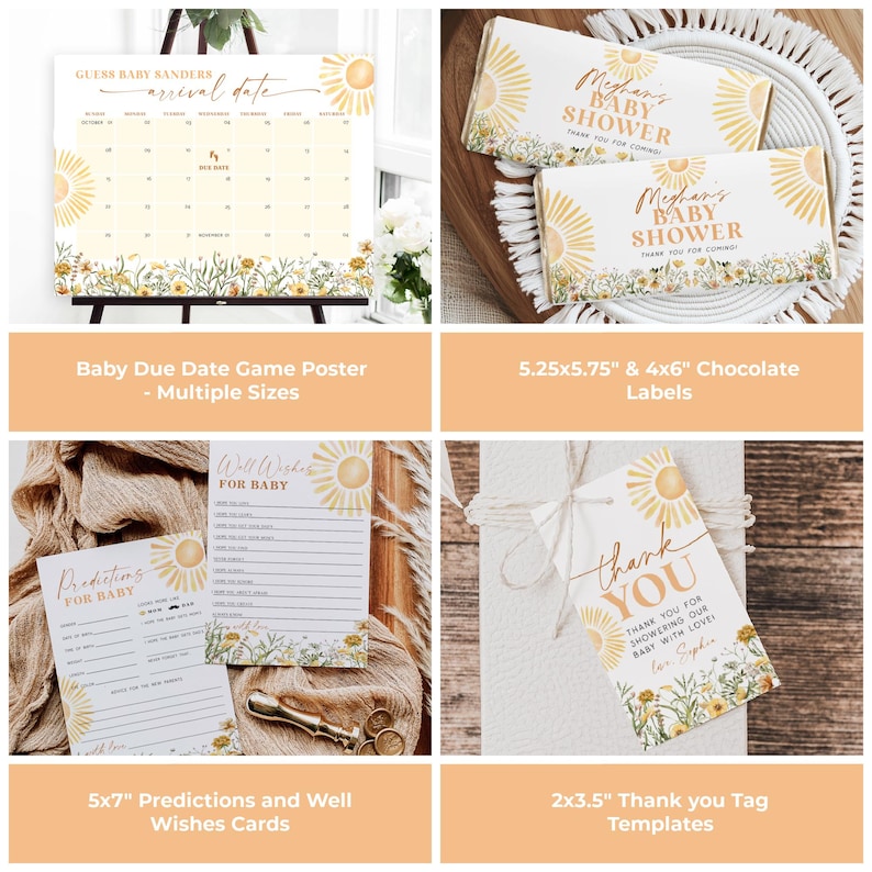 K&ouml;nnte beinhalten: Ein Set druckbarer Babyparty-Dekorationen mit einem Sonnenblumen-Thema. Das Set beinhaltet ein Baby-Geburtsdatum-Spielposter, Schokoladen-Etiketten, Vorhersage- und Gl&uuml;ckwunschkarten sowie Dankesch&ouml;n-Etiketten. Die Designs zeigen gelbe Sonnenblumen, gr&uuml;ne Bl&auml;tter und wei&szlig;e G&auml;nsebl&uuml;mchen.