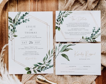 Greenery Wedding Invitation Template, Printable Wedding Invitation, Wedding Invitation, Edit with TEMPLETT, Instant Download, WLP-GBR 4241