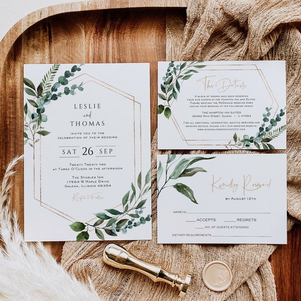 Greenery Wedding Invitation Template, Printable Wedding Invitation, Wedding Invitation, Edit with TEMPLETT, Instant Download, WLP-GBR 4241