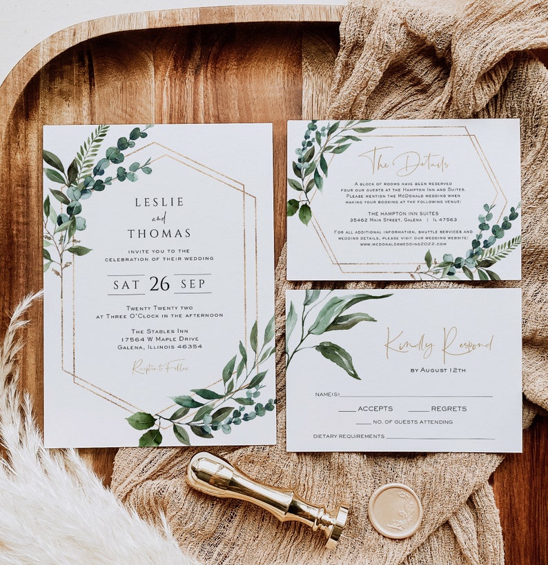 Greenery Wedding Invitation Template, Printable Wedding Invitation, Wedding Invitation, Edit with TEMPLETT, Instant Download, WLP-GBR 4241 image 1