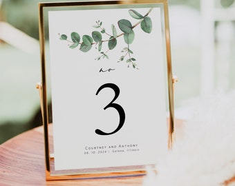 Wedding Table Numbers Printable, Table Numbers Template, Eucalyptus Table Numbers, 5x7, 4x6, Edit with TEMPLETT, WLP-EUU 5289