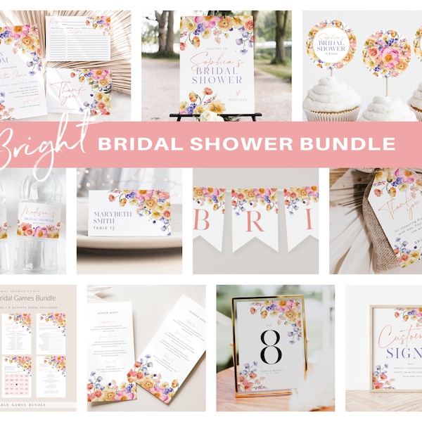 Floral Bridal Shower Invitation Bundle, Printable Bridal Shower Invitation + Games, Boho Bridal Shower Set, Edit with TEMPLETT, WLP-FLI 5871