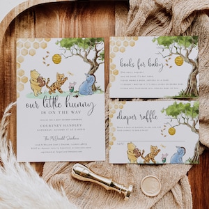 Our Little Hunny Invitation, Winnie the Pooh Baby Shower Invitation Bundle, Books for Baby Card, Diaper Raffle, TEMPLETT, WLP-POH 6928