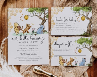 Our Little Hunny Invitation, Winnie the Pooh Baby Shower Invitation Bundle, Books for Baby Card, Diaper Raffle, TEMPLETT, WLP-POH 6928