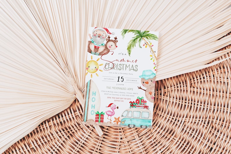 May include: A summer Christmas party invitation with a watercolor illustration of Santa Claus riding a reindeer on a surfboard, a snowman, a flamingo, and a van with Christmas presents. The invitation says "It's a Summer Christmas" and includes the date and time of the party.