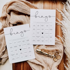Minimalistische bruidsbingo, bruidsdouche bingospel, afdrukbare bingokaarten, bewerkbare bingokaart, bewerken met TEMPLETT, WLP-ODA 4101