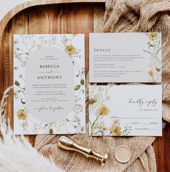 Boho Wedding Invitation Suite, Wildflower Wedding Invitation