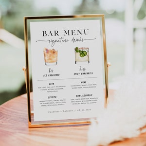 Bar Menu Sign, Signature Drinks Sign Template, Editable Drinks Sign, Wedding Bar Menu Sign, Cocktails Bar Sign, TEMPLETT, WLP-PAL 5833