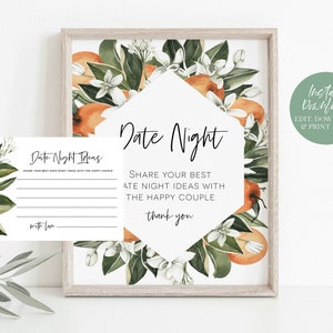 Puede incluir: Tarjeta de ideas para una noche de citas con tem&aacute;tica de flores de azahar imprimible con el texto "Date Night Ideas" y "Share your best date night ideas with the happy couple".