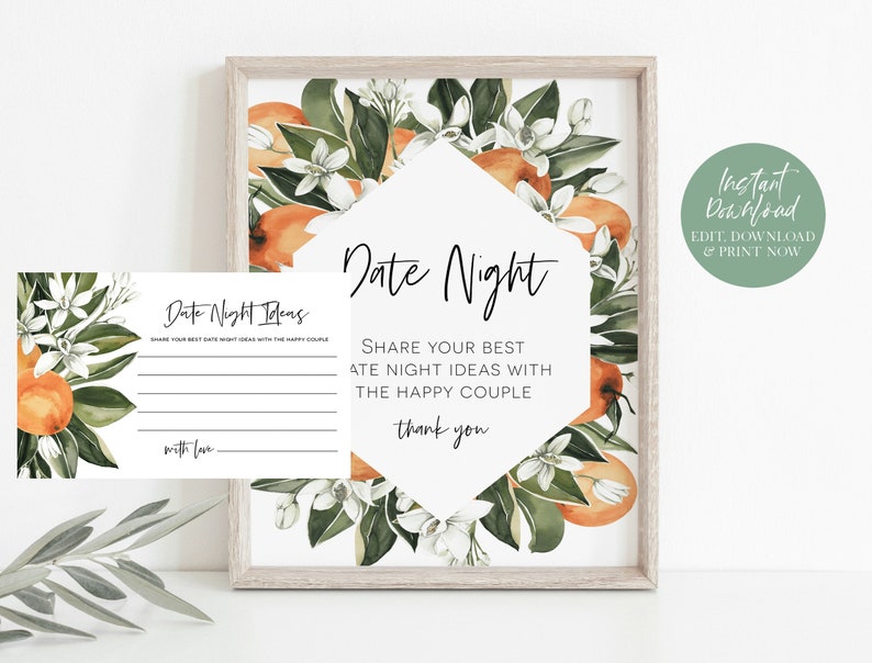 Puede incluir: Tarjeta de ideas para una noche de citas con tem&aacute;tica de flores de azahar imprimible con el texto "Date Night Ideas" y "Share your best date night ideas with the happy couple".