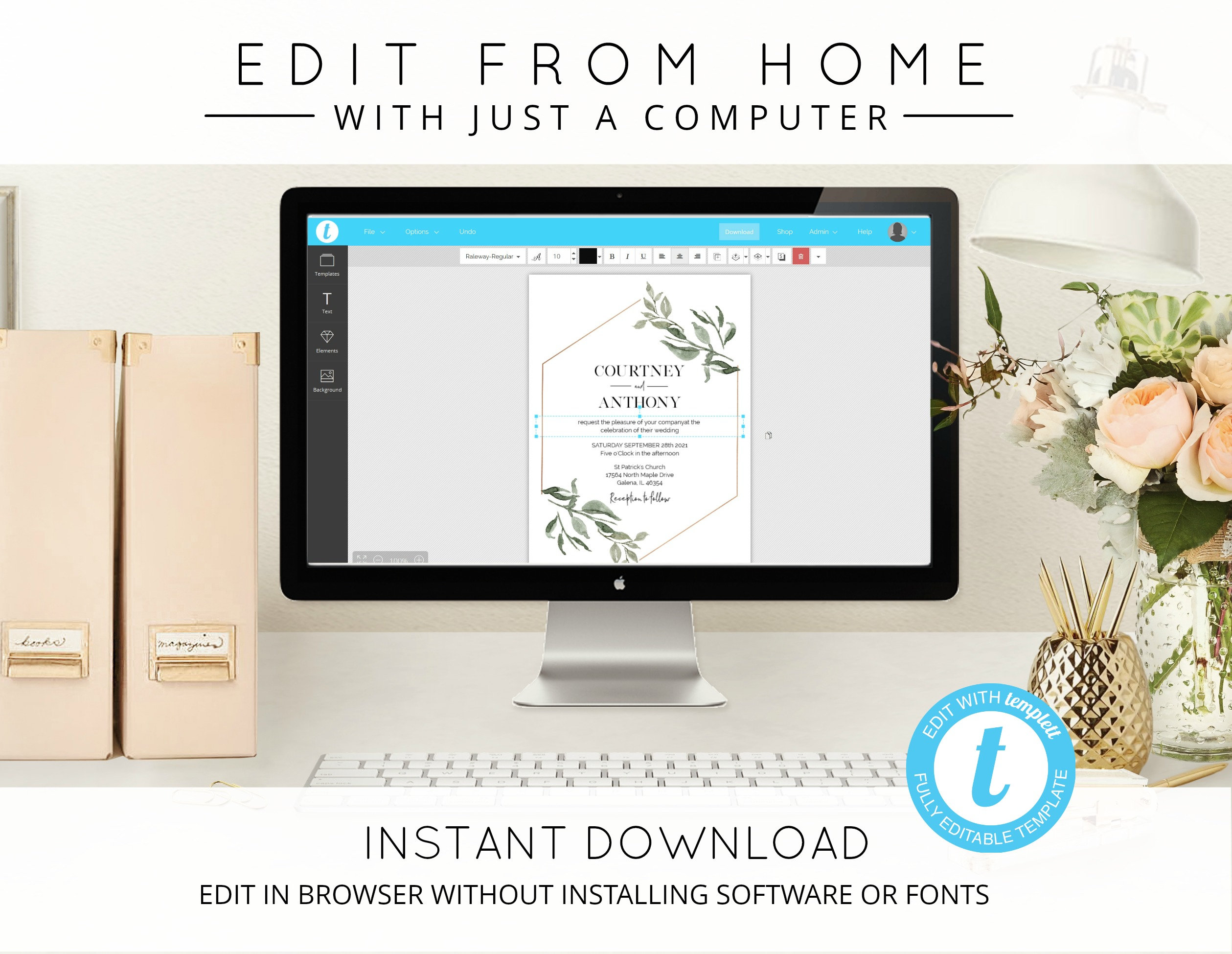 Greenery Wreath Wedding Invitation Template, Printable Wedding Invitation,  Edit With TEMPLETT, WLP-WRE 1166 - Etsy, image size:2518x1949