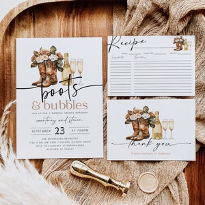 Boots and Bubbles Invitation, Cowgirl Boots Bridal Shower Bundle, Couples Wedding Shower Invitation, Recipe Card, EditTEMPLETT, WLP-GBO 6946