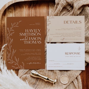 Terra Cotta Wedding Invitation, Botanical Wedding Invitation, Calligraphy Wedding Invitation, Minimalist Rust Wedding Template, WLP-SAL 4739