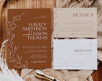 Terra Cotta Wedding Invitation, Botanical Wedding Invitation, Calligraphy Wedding Invitation, Minimalist Rust Wedding Template, WLP-SAL 4739