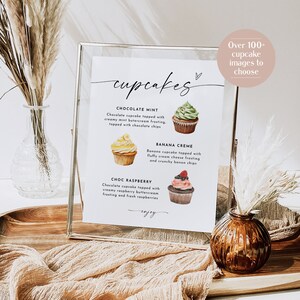 May include: A sign with the word "cupcakes" written in cursive. The sign lists three cupcake flavors: Chocolate Mint, Banana Creme, and Choc Raspberry. Each flavor is illustrated with a watercolor painting of a cupcake.