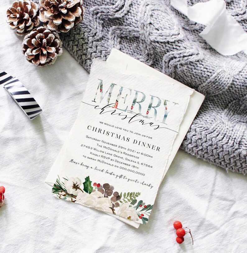 May include: A white Christmas dinner invitation with a watercolor floral design. The invitation reads "Merry Christmas" and includes the date, time, and location of the event. It also requests guests to bring a "Surt Santa gift to gusto charty".
