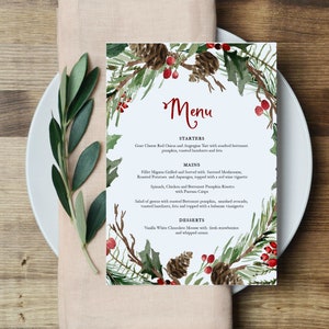 Menu świąteczne, Menu bożonarodzeniowe z jagodami, Wydrukuj menu świąteczne, 5x7", Natychmiastowe pobranie, Karta menu świątecznego, TEMPLETT, WLP-RCW 3928