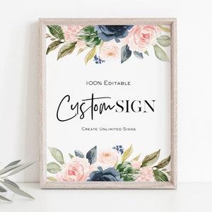 Navy Blush Custom Sign, (Portrait and Landscape), Editable Sign Template, 8x10& 5x7 Size, Printable Shower Sign,  TEMPLETT, WLP-NBL 2168