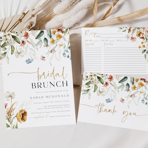 Wildflower Bridal Brunch Invitation Set, Boho Bridal Shower Invitation, Folded Thank You Card, Recipe Card, TEMPLETT, WLP-DUT 4912