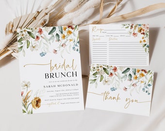 Wildflower Bridal Brunch Invitation Set, Boho Bridal Shower Invitation, Folded Thank You Card, Recipe Card, TEMPLETT, WLP-DUT 4912
